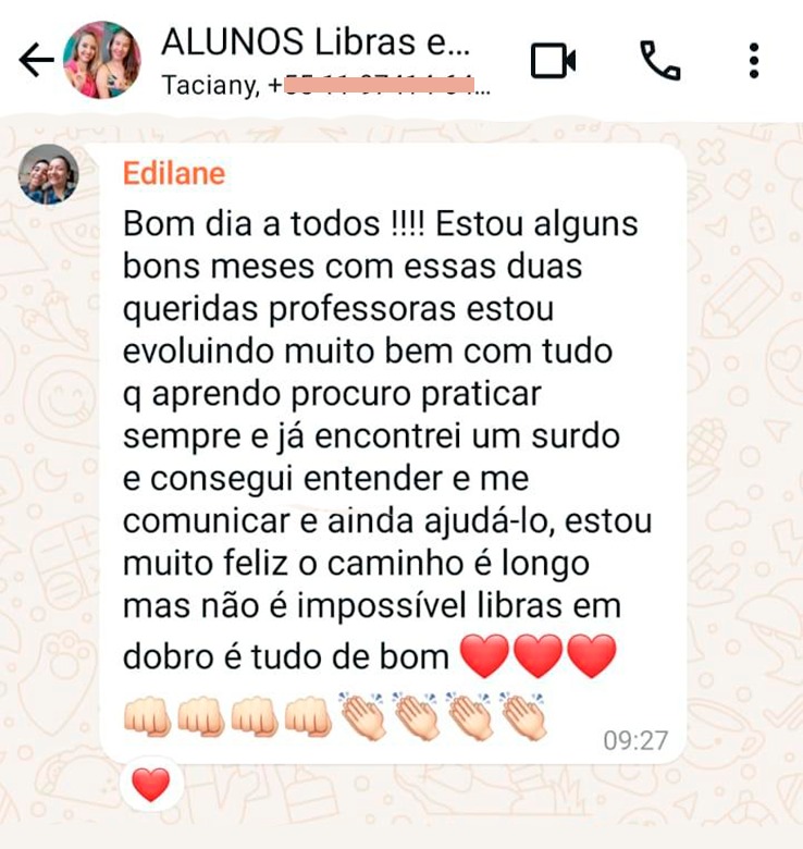 Depoimento real de aluna no WhatsApp