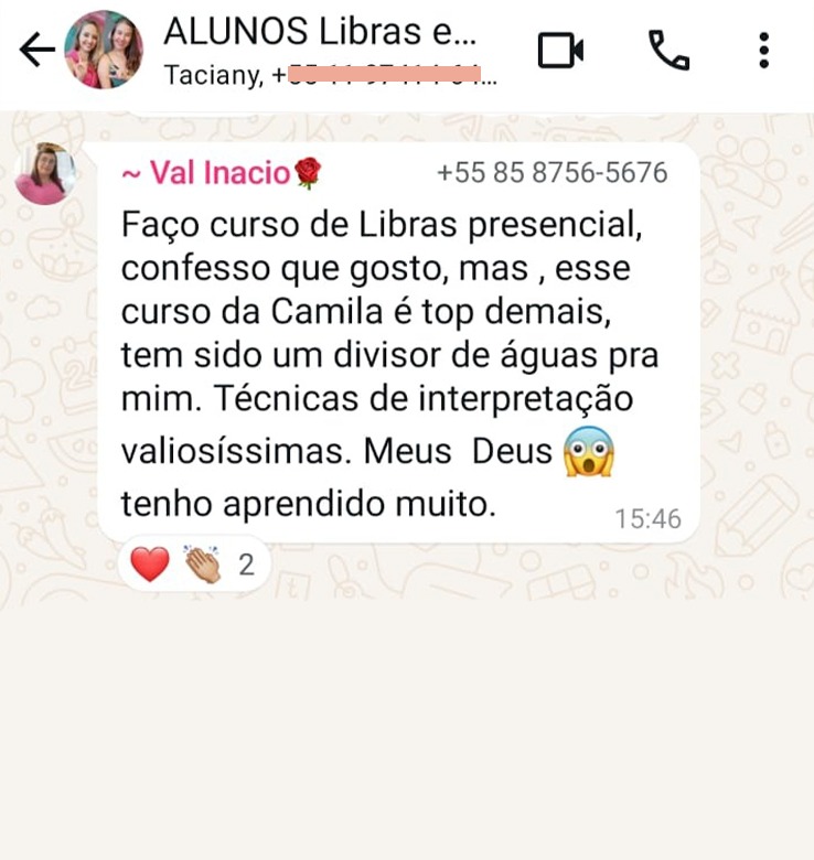Depoimento real de aluna no WhatsApp